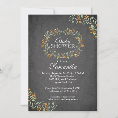 Beautiful Chalkboard Floral Frame Baby Shower Custom Invitations
