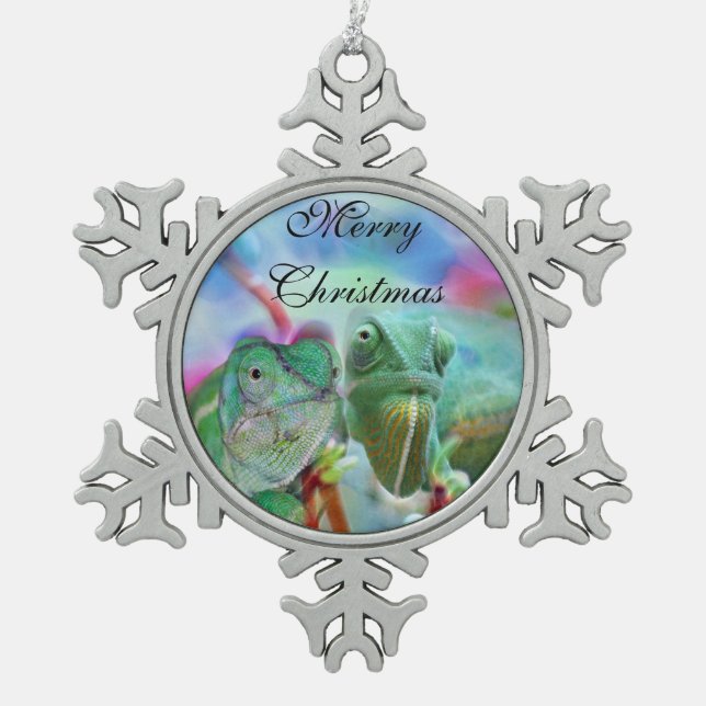 Beautiful chameleons snowflake pewter christmas ornament (Front)