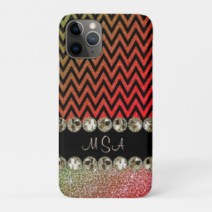 Beautiful Champagne Bling Red Chevron Monogram iPhone 11 Pro Case