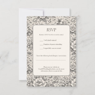 Beautiful Charcoal Black and White Etched Flowers RSVP Card