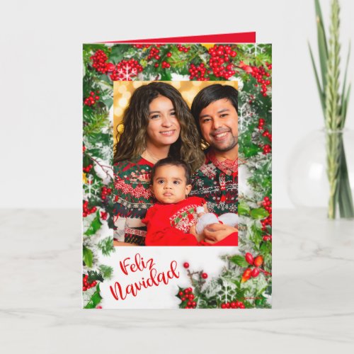 Beautiful Charming Feliz Navidad Wish with Holly Holiday Card