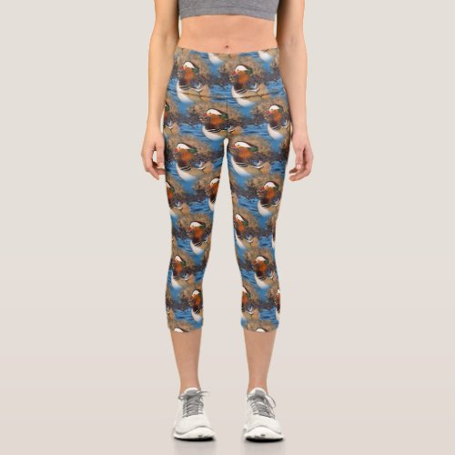 Beautiful Chatty Mandarin Duck at the Pond Capri Leggings