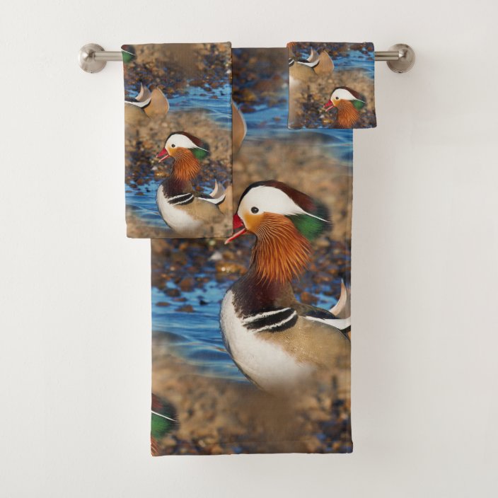Beautiful Chatty Mandarin Duck on the Rocks Bath Towel Set