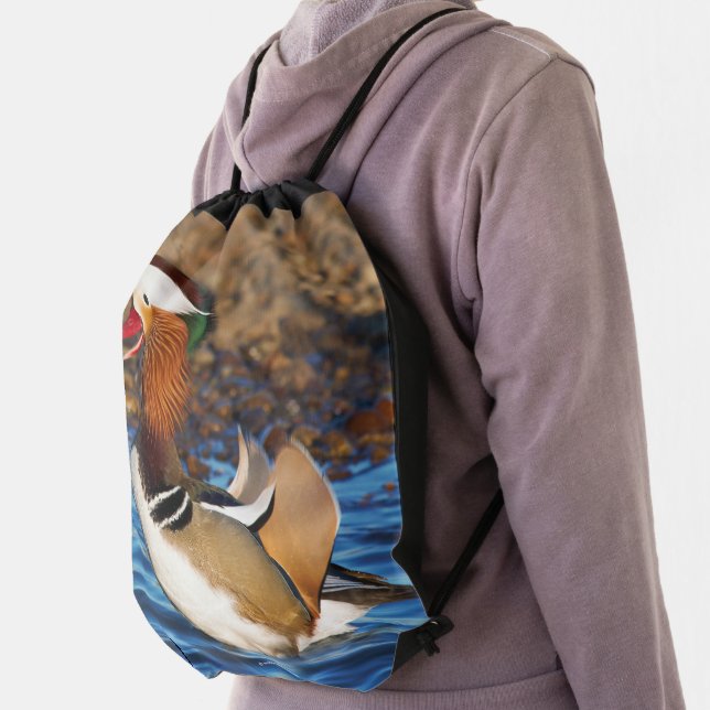 Beautiful Chatty Mandarin Duck on the Rocks Drawstring Bag (Insitu)