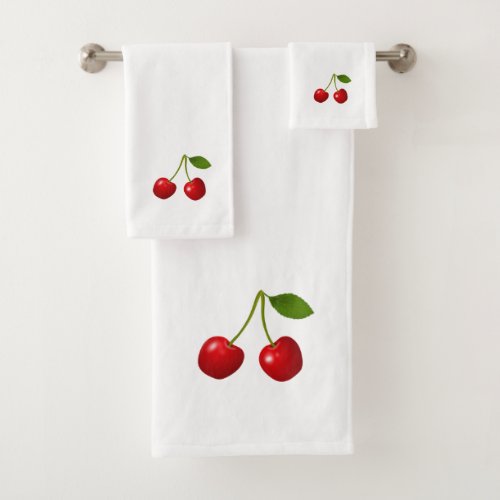 Beautiful Cherry Fruits on White Bath Towel Set