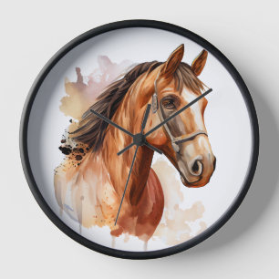 BEAUTIFUL CHESTNUT WATERCOLOR HORSES HEAD CLOCK