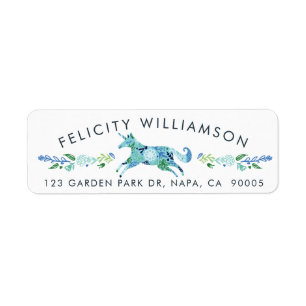 Beautiful Chic Blue Floral Whimsical Unicorn Horse Label