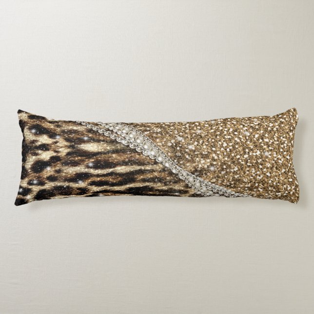 Beautiful Chic Girly Leopard Print Gold Glitter Body Pillow (Front)
