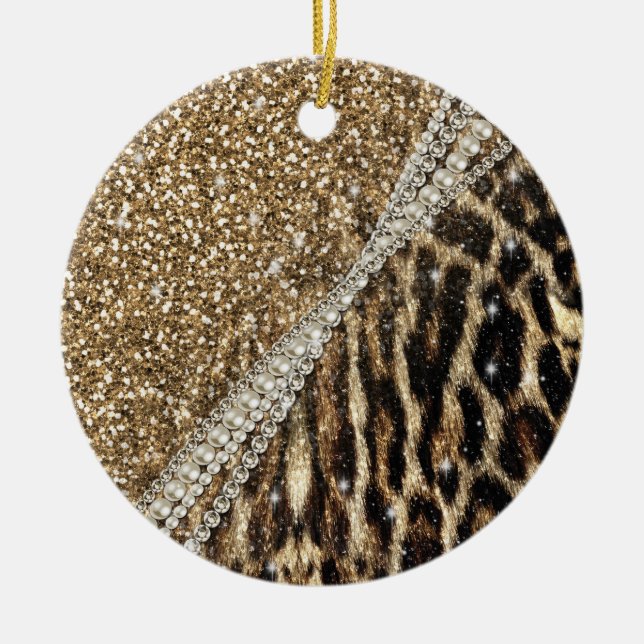 Beautiful Chic Girly Leopard Print Gold Glitter Ceramic Ornament (Front)