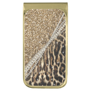 Beautiful Chic Girly Leopard Print Gold Glitter Gold Finish Money Clip