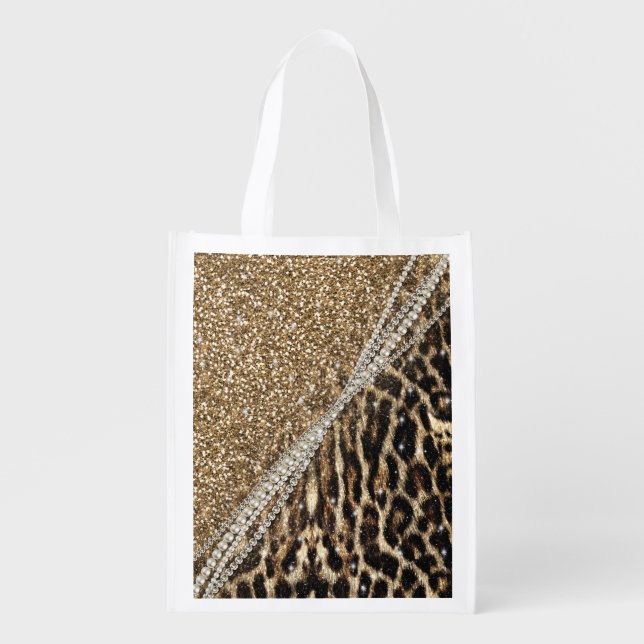 Beautiful Chic Girly Leopard Print Gold Glitter Grocery Bag (Front)