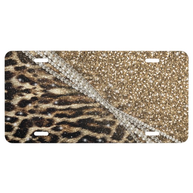 Beautiful Chic Girly Leopard Print Gold Glitter License Plate (Front)