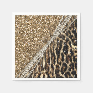 Beautiful Chic Girly Leopard Print Gold Glitter Paper Napkins