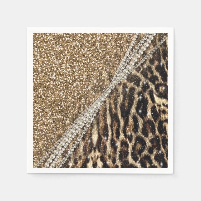 Beautiful Chic Girly Leopard Print Gold Glitter Paper Napkins (Front)