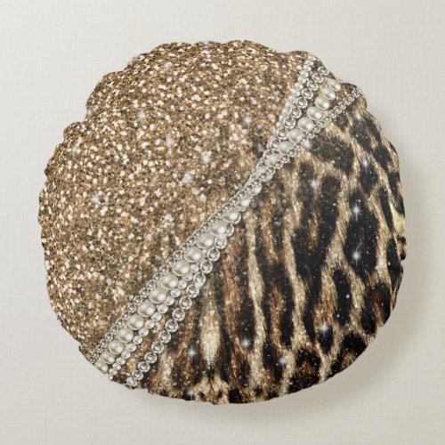 Beautiful Chic Girly Leopard Print Gold Glitter Round Pillow