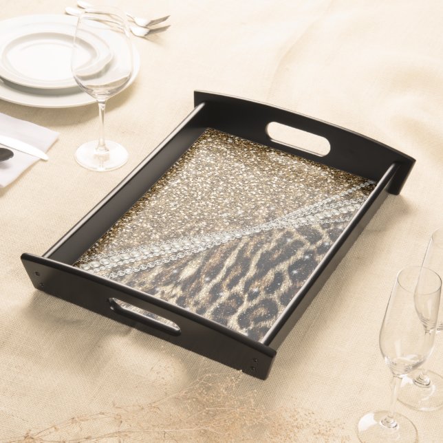 Beautiful Chic Girly Leopard Print Gold Glitter Serving Tray (Front)