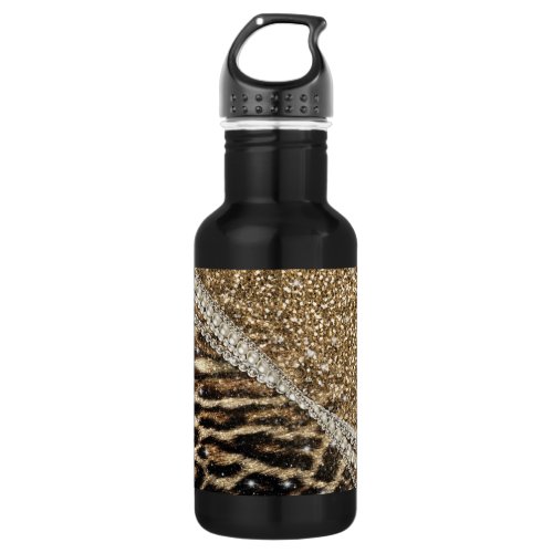 Beautiful Chic Girly Leopard Print Gold Glitter Stainless Steel Water Bottle