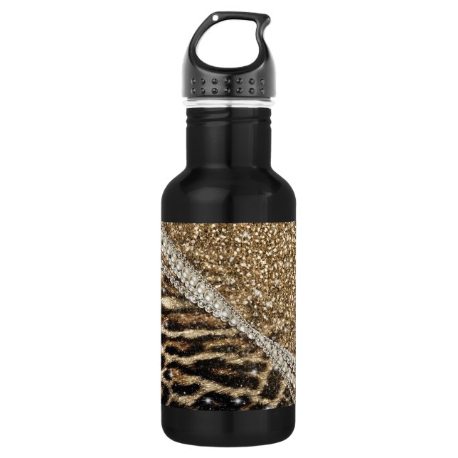 Beautiful Chic Girly Leopard Print Gold Glitter Stainless Steel Water Bottle (Front)