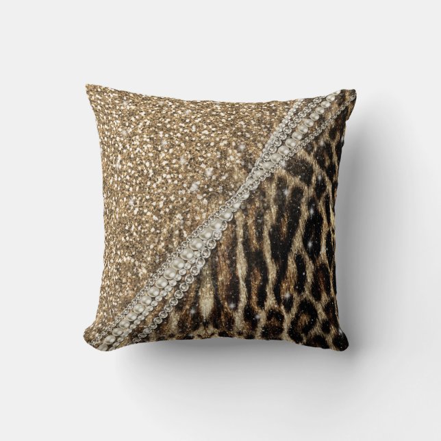 Beautiful Chic Girly Leopard Print Gold Glitter Throw Pillow (Front)