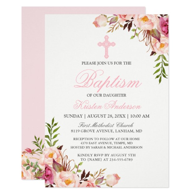 Beautiful Chic Pink Floral Baptism Invitation