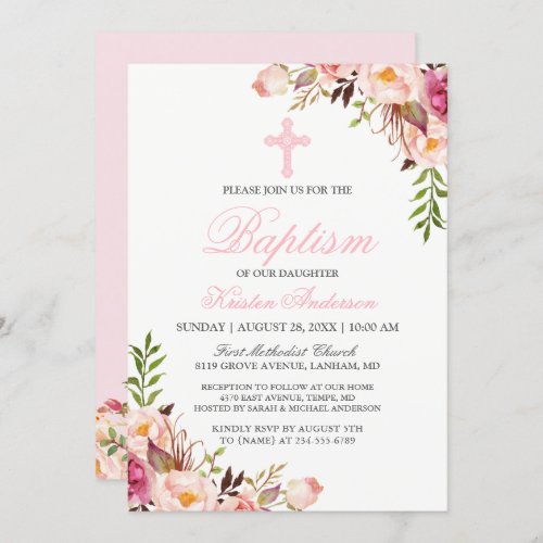 Beautiful Chic Pink Floral Baptism Invitation