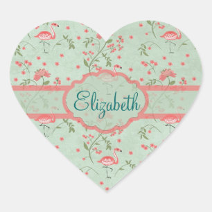 Beautiful chic vintage spring floral and flamingo heart sticker