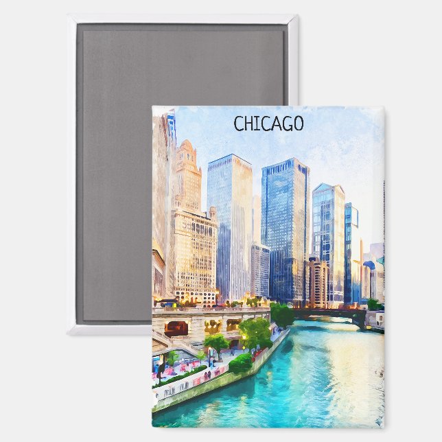 Beautiful Chicago Illinois Watercolor City View Magnet (Front/Back)