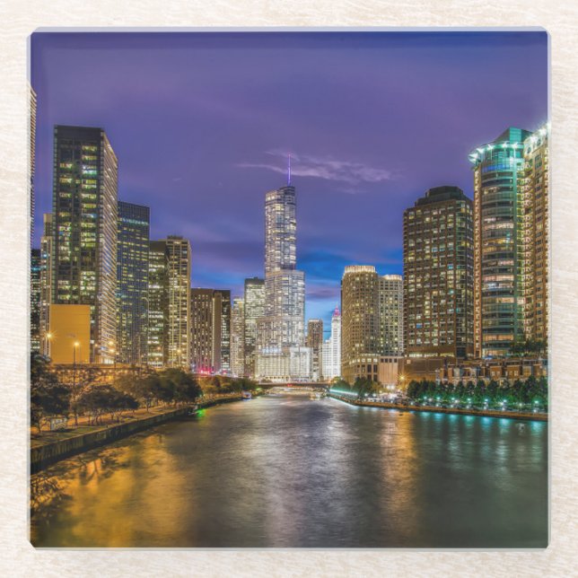 Beautiful Chicago River at Sunset, Illinois Glass Coaster (Front)