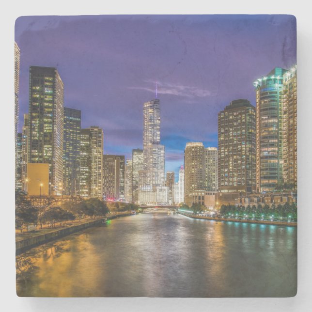 Beautiful Chicago River at Sunset, Illinois Stone Coaster (Front)
