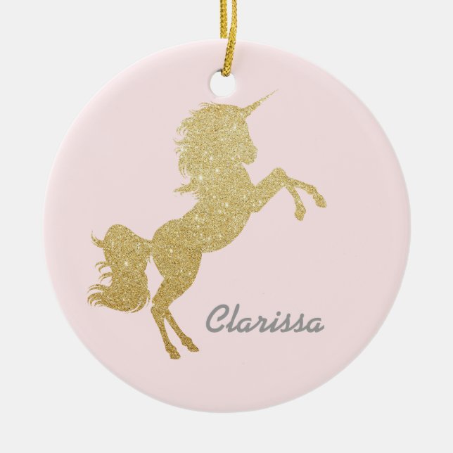 Beautiful chick girly gold glitter unicorn ceramic ornament (Front)