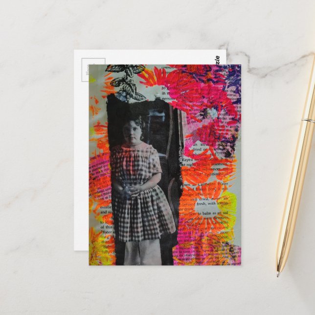 Beautiful Child on Flowers Mixed Media Collage Postcard (Front/Back In Situ)