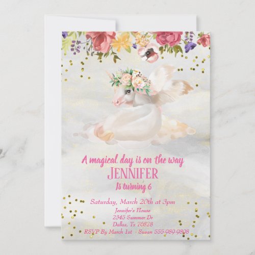 Beautiful Childs Gold Unicorn Pegasus Floral Invitation