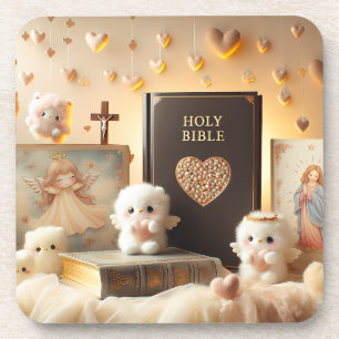 Beautiful Christian Holy Bible With Little Angels Beverage Coaster