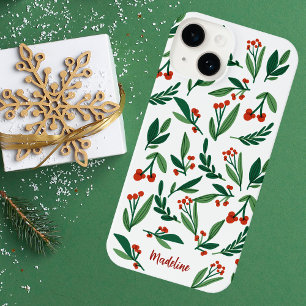 Beautiful Christmas Botanical Holly Berry Monogram iPhone 14 Case