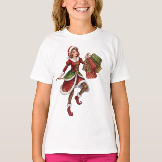 Beautiful Christmas Elf on a Holiday Shopping Spre T-Shirt (Front)