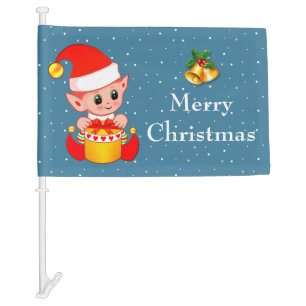 Beautiful Christmas Elf on Light Sapphire Blue Car Flag