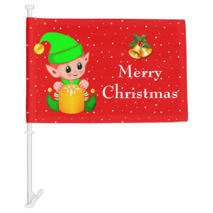 Beautiful Christmas Elf on Red Car Flag