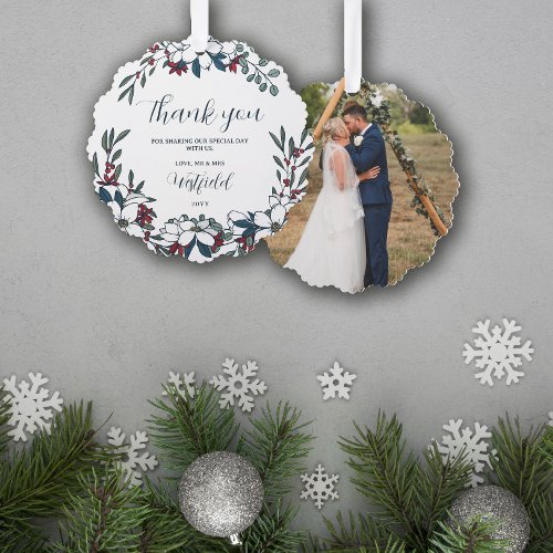 Beautiful Christmas Florals Wedding Thank You Ornament Card