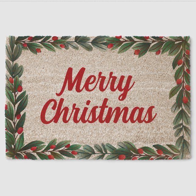 Beautiful Christmas Greenery Frame Merry Christmas Fiber Doormat (Front)