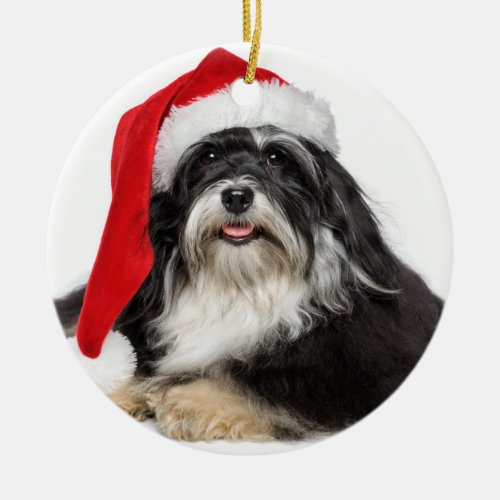 Beautiful Christmas Havanese Dog With Santa Hat Ceramic Ornament