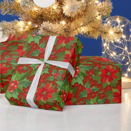 Beautiful Christmas Holly Green Red Wrapping Paper
