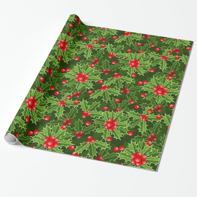 Beautiful Christmas Holly Wrapping Paper (Unrolled)