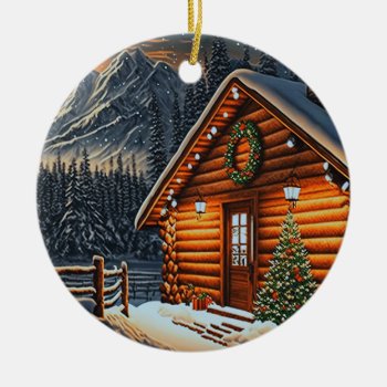 Beautiful Christmas Lights Log Cabin Mountain Snow Ceramic Ornament by UniqueChristmasGifts at Zazzle