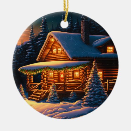 Beautiful Christmas Lights Log Cabin Mountain Snow Ceramic Ornament