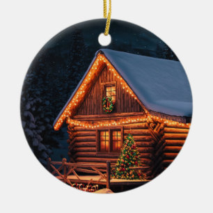 Beautiful Christmas Lights Log Cabin Mountain Snow Ceramic Ornament