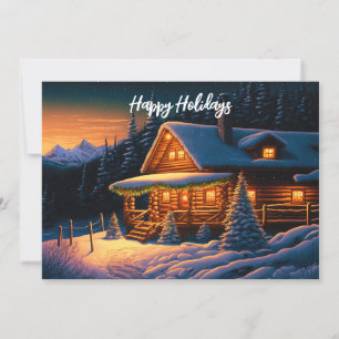 Beautiful Christmas Lights Log Cabin Mountain Snow Holiday Card