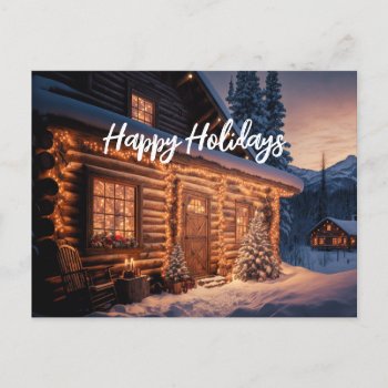 Beautiful Christmas Lights Log Cabin Mountain Snow Holiday Postcard by UniqueChristmasGifts at Zazzle