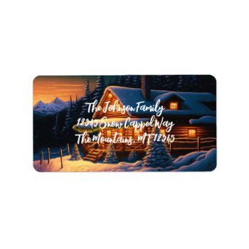 Beautiful Christmas Lights Log Cabin Mountain Snow Label by UniqueChristmasGifts at Zazzle