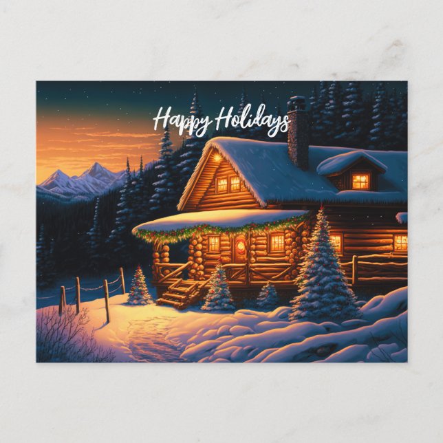 Beautiful Christmas Lights Log Cabin Mountain Snow Postcard (Front)
