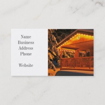 Beautiful Christmas Lights On Log Cabin In Snow Business Card by UniqueChristmasGifts at Zazzle